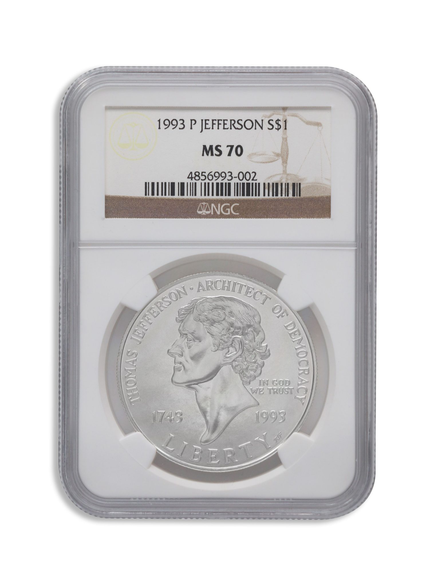 1993-P $1 Jefferson Silver Commem - NGC MS70